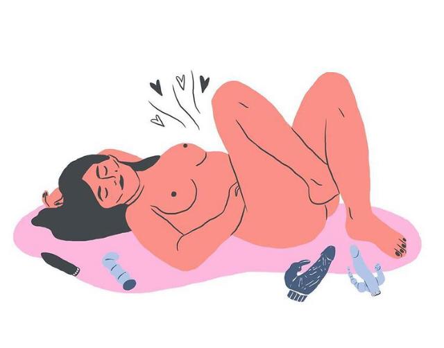Mujer desnuda tendida rodeada de juguetes sexuales, Ilustración de Lucy Macaroni para nota del orgasmo femenino