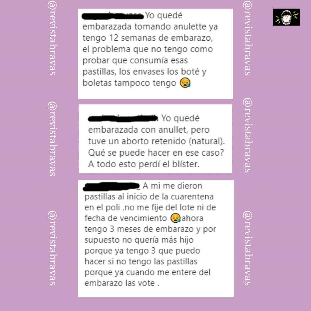 Testimonios y dudas de mujeres ex consumidoras de Anulette  en Instagram. En reportaje sobre anticonceptivos fallidos.